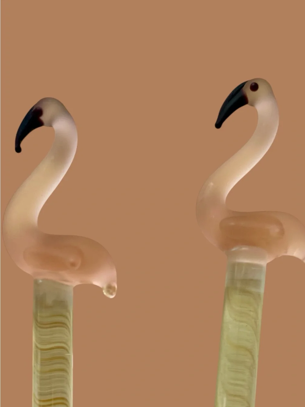 Set of 4 vintage cocktail stirrers, pink flamingos, glass, hand made